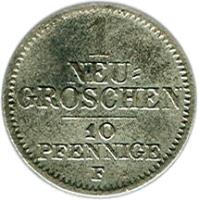 reverse of 1 Neugroschen / 10 Pfennige - Friedrich August II (1841 - 1856) coin with KM# 1159 from German States. Inscription: 1 NEU= GROSCHEN 10 PFENNIGE F