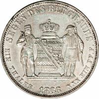 German States coin 1 Vereinsthaler - Johann (1861 - 1867) reverse reverse of 1 Vereinsthaler - Johann (1861 - 1867) coin with KM# 1212 from German States. Inscription: SEGEN DES BERGBAUES EIN THALER 1864 XXX EIN PF.F.