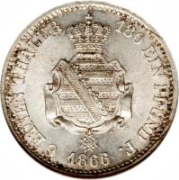 German States coin 1/6 Vereinsthaler - Johann (1860 - 1872) reverse reverse of 1/6 Vereinsthaler - Johann (1860 - 1872) coin with KM# 1205 from German States. Inscription: 6 EINEN THALER 180 EIN PFUND F. 1866