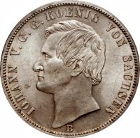 obverse of 1 Vereinsthaler - Johann - Victory Over France - Siegestaler (1871) coin with KM# 1230 from German States. Inscription: IOHANN V.G.G. KOENIG VON SACHSEN