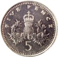 United Kingdom coin 5 Pence - Elizabeth II - Thistle; 4'th Portrait (1998 - 2008) reverse reverse of 5 Pence - Elizabeth II - Thistle; 4'th Portrait (1998 - 2008) coin with KM# 988 from United Kingdom. Inscription: FIVE PENCE 5