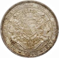 German States coin 1 Vereinsthaler - Johann (1861 - 1871) reverse reverse of 1 Vereinsthaler - Johann (1861 - 1871) coin with KM# 1214 from German States. Inscription: EIN VEREINSTHALER XXX EIN PFUND FEIN * 1863 *