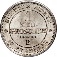 German States coin 1 Neugroschen / 10 Pfennige - Johann (1863 - 1867) reverse reverse of 1 Neugroschen / 10 Pfennige - Johann (1863 - 1867) coin with KM# 1219 from German States. Inscription: SCHEIDE MUNZE 1 NEU= GROSCHEN B 10 PFENNIGE