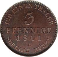reverse of 3 Pfennige - Alexander Carl (1861 - 1867) coin with KM# 98 from German States. Inscription: 120 EINEN THALER 3 PFENNIGE 1861 A SCHEIDE MÜNZE