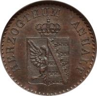 obverse of 1 Pfennig - Alexander Carl (1856 - 1867) coin with KM# 96 from German States. Inscription: HERZOGTHUM ANHALT