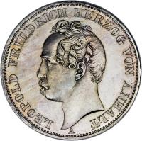 German States coin 1 Vereinsthaler - Leopold Friedrich - 280th Anniversary of the Separation of the Anhalt Duchies (1863) obverse obverse of 1 Vereinsthaler - Leopold Friedrich - 280th Anniversary of the Separation of the Anhalt Duchies (1863) coin with KM# 15 from German States. Inscription: LEOPOLD FRIEDRICH HERZOG VON ANHALT A