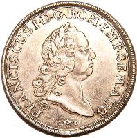 obverse of 1 Conventionsthaler - Franz I (1765) coin with KM# 184 from German States. Inscription: FRANCISCUS I · D · G · ROM · IMP · SEM · AUG. I. T.