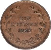 German States coin 1 Kreuzer - Ludwig I (1827 - 1830) reverse reverse of 1 Kreuzer - Ludwig I (1827 - 1830) coin with KM# 189 from German States. Inscription: EIN KREUZER 1828