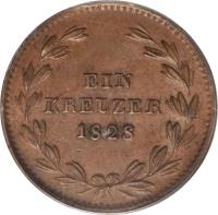 reverse of 1 Kreuzer - Ludwig I (1827 - 1830) coin with KM# 189 from German States. Inscription: EIN KREUZER 1828