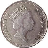 United Kingdom coin 10 Pence - Elizabeth II - 3'rd Portrait (1992 - 1997) obverse obverse of 10 Pence - Elizabeth II - 3'rd Portrait (1992 - 1997) coin with KM# 938b from United Kingdom. Inscription: ELIZABETH II D · G · REG · F · D · 1992 RDM