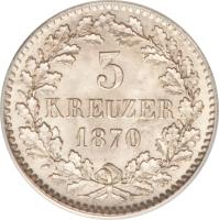 German States coin 3 Kreuzer - Friedrich I (1866 - 1871) reverse reverse of 3 Kreuzer - Friedrich I (1866 - 1871) coin with KM# 246 from German States. Inscription: 3 KREUZER 1870
