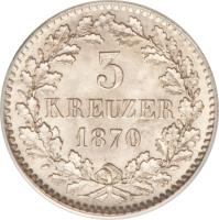 reverse of 3 Kreuzer - Friedrich I (1866 - 1871) coin with KM# 246 from German States. Inscription: 3 KREUZER 1870