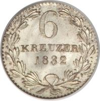 German States coin 6 Kreuzer - Leopold I (1831 - 1837) reverse reverse of 6 Kreuzer - Leopold I (1831 - 1837) coin with KM# 198 from German States. Inscription: 6 KREUZER 1832