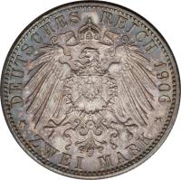 German States coin 2 Mark - Friedrich I - Golden Wedding (1906) reverse reverse of 2 Mark - Friedrich I - Golden Wedding (1906) coin with KM# 276 from German States. Inscription: DEUTSCHES REICH 1906 * ZWEI MARK *