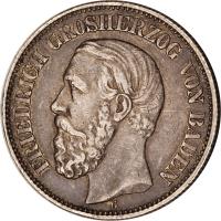 obverse of 2 Mark - Friedrich I (1876 - 1888) coin with KM# 265 from German States. Inscription: FRIEDRICH GROSHERZOG VON BADEN G