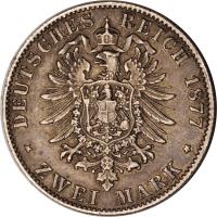 reverse of 2 Mark - Friedrich I (1876 - 1888) coin with KM# 265 from German States. Inscription: DEUTSCHES REICH 1877 * ZWEI MARK *