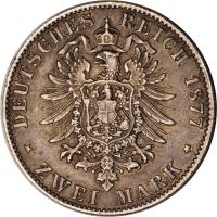 German States coin 2 Mark - Friedrich I (1876 - 1888) reverse reverse of 2 Mark - Friedrich I (1876 - 1888) coin with KM# 265 from German States. Inscription: DEUTSCHES REICH 1877 * ZWEI MARK *