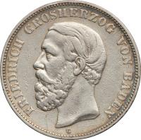 German States coin 5 Mark - Friedrich I (1875 - 1888) obverse obverse of 5 Mark - Friedrich I (1875 - 1888) coin with KM# 263 from German States. Inscription: FRIEDRICH GROSHERZOG VON BADEN
