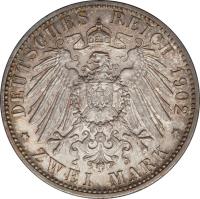 German States coin 2 Mark - Friedrich I - Reign (1902) reverse reverse of 2 Mark - Friedrich I - Reign (1902) coin with KM# 271 from German States. Inscription: DEUTSCHES REICH 1902 * ZWEI MARK *