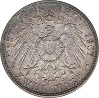 German States coin 2 Mark - Friedrich I - Death of Friedrich I (1907) reverse reverse of 2 Mark - Friedrich I - Death of Friedrich I (1907) coin with KM# 278 from German States. Inscription: DEUTSCHES REICH 1907 * ZWEI MARK *
