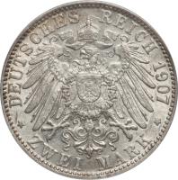 German States coin 2 Mark - Friedrich I (1902 - 1907) reverse reverse of 2 Mark - Friedrich I (1902 - 1907) coin with KM# 272 from German States. Inscription: DEUTSCHES REICH 1907 * ZWEI MARK *