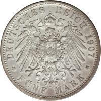 German States coin 5 Mark - Friedrich I (1902 - 1907) reverse reverse of 5 Mark - Friedrich I (1902 - 1907) coin with KM# 274 from German States. Inscription: DEUTSCHES REICH 1907 * FÜNF MARK *