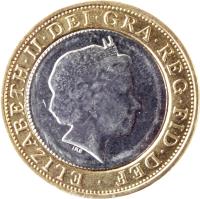 obverse of 2 Pounds - Elizabeth II - 4'th Portrait (1998 - 2015) coin with KM# 994 from United Kingdom. Inscription: ELIZABETH · II · DEI · GRA · REG · FID · DEF · IRB