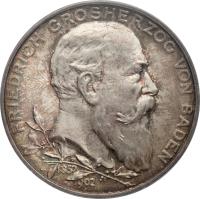 German States coin 5 Mark - Friedrich I - Reign (1902) obverse obverse of 5 Mark - Friedrich I - Reign (1902) coin with KM# 273 from German States. Inscription: FRIEDRICH GROSHERZOG VON BADEN 1852 1902
