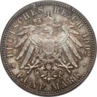 German States coin 5 Mark - Friedrich I - Reign (1902) reverse reverse of 5 Mark - Friedrich I - Reign (1902) coin with KM# 273 from German States. Inscription: DEUTSCHES REICH 1902 * FÜNF MARK *