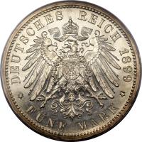 German States coin 5 Mark - Friedrich I (1891 - 1902) reverse reverse of 5 Mark - Friedrich I (1891 - 1902) coin with KM# 268 from German States. Inscription: DEUTSCHES REICH 1899 * FÜNF MARK *