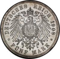 German States coin 5 Mark - Friedrich II (1908 - 1913) reverse reverse of 5 Mark - Friedrich II (1908 - 1913) coin with KM# 281 from German States. Inscription: DEUTSCHES REICH 1908 * FÜNF MARK *