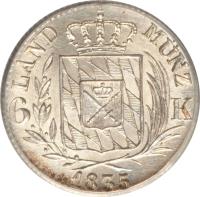 German States coin 6 Kreuzer - Ludwig I (1830 - 1835) reverse reverse of 6 Kreuzer - Ludwig I (1830 - 1835) coin with KM# 748 from German States. Inscription: LAND MUNZ 6 K 1830