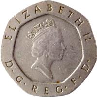 United Kingdom coin 20 Pence - Elizabeth II - 3'rd Portrait (1985 - 1997) obverse obverse of 20 Pence - Elizabeth II - 3'rd Portrait (1985 - 1997) coin with KM# 939 from United Kingdom. Inscription: ELIZABETH II D · G · REG · F · D · RDM