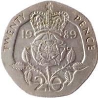 reverse of 20 Pence - Elizabeth II - 3'rd Portrait (1985 - 1997) coin with KM# 939 from United Kingdom. Inscription: TWENTY PENCE 19 97 W G 20