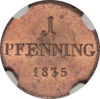reverse of 1 Pfennig - Ludwig I (1830 - 1835) coin with KM# 742 from German States. Inscription: 1 PFENNIG 1834