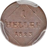German States coin 1 Heller - Maximilian Josef (1806 - 1829) reverse reverse of 1 Heller - Maximilian Josef (1806 - 1829) coin with KM# 679 from German States. Inscription: 1 HELLER 1823
