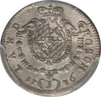 reverse of 3 Kreuzer - Karl Albert (1733 - 1737) coin with KM# 426 from German States. Inscription: LAND GROSCH 17(3)36