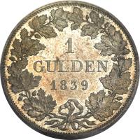 German States coin 1 Gulden - Ludwig I (1837 - 1848) reverse reverse of 1 Gulden - Ludwig I (1837 - 1848) coin with KM# 788 from German States. Inscription: 1 GULDEN 1839