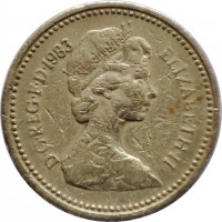 obverse of 1 Pound - Elizabeth II - Heraldic Emblems: UK - Royal Arms; 2'nd Portrait (1983) coin with KM# 933 from United Kingdom. Inscription: D · G · REG · F · D · 1983 ELIZABETH · II