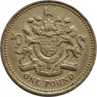 United Kingdom coin 1 Pound - Elizabeth II - Heraldic Emblems: UK - Royal Arms; 2'nd Portrait (1983) reverse reverse of 1 Pound - Elizabeth II - Heraldic Emblems: UK - Royal Arms; 2'nd Portrait (1983) coin with KM# 933 from United Kingdom. Inscription: ONE POUND HONI SOIT QUI MAL Y PENSE DIEU ET MON DROIT