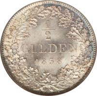 reverse of 1/2 Gulden - Ludwig I (1838 - 1848) coin with KM# 794 from German States. Inscription: ½ GULDEN 1838