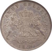 reverse of 2 Gulden - Maximilian II (1848 - 1856) coin with KM# 828 from German States. Inscription: ZWEY GULDEN 1856
