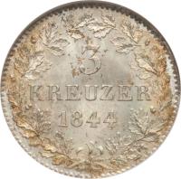 reverse of 3 Kreuzer - Ludwig I (1839 - 1856) coin with KM# 800 from German States. Inscription: 3 KREUZER 1844