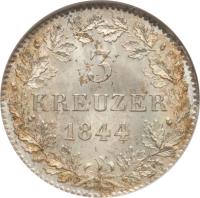 German States coin 3 Kreuzer - Ludwig I (1839 - 1856) reverse reverse of 3 Kreuzer - Ludwig I (1839 - 1856) coin with KM# 800 from German States. Inscription: 3 KREUZER 1844