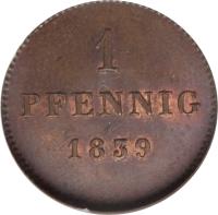 German States coin 1 Pfennig - Ludwig I / Maximillian II (1839 - 1856) reverse reverse of 1 Pfennig - Ludwig I / Maximillian II (1839 - 1856) coin with KM# 797 from German States. Inscription: 1 PFENNIG 1839