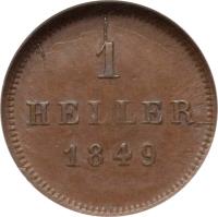 reverse of 1 Heller - Ludwig I / Maximilian II (1839 - 1856) coin with KM# 796 from German States. Inscription: 1 HELLER 1849