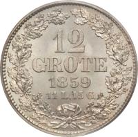 German States coin 12 Grote (1859 - 1860) reverse reverse of 12 Grote (1859 - 1860) coin with KM# 242 from German States. Inscription: 12 GROTE 1859 11 L.15 G.