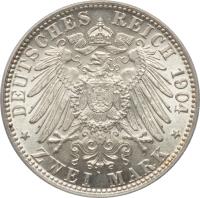 German States coin 2 Mark (1904) reverse reverse of 2 Mark (1904) coin with KM# 250 from German States. Inscription: DEUTSCHES REICH 1904 * ZWEI MARK *