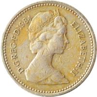 obverse of 1 Pound - Elizabeth II - Royal Diadem: Scotland - Thistle; 2'nd Portrait (1984) coin with KM# 934 from United Kingdom. Inscription: D · G · REG · F · D · 1984 ELIZABETH · II