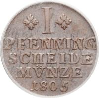 German States coin 1 Pfenning - Karl Wilhelm Ferdinand (1780 - 1806) reverse reverse of 1 Pfenning - Karl Wilhelm Ferdinand (1780 - 1806) coin with KM# 995 from German States. Inscription: I PFENNING SCHEIDE MVNZE